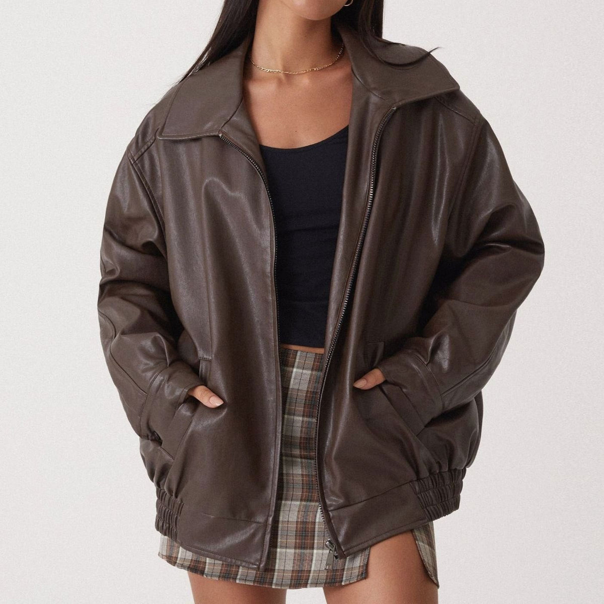 Juniper | Women's Oversized Relaxed-Fit Zip-Up Faux Leather Trendy Jacket
