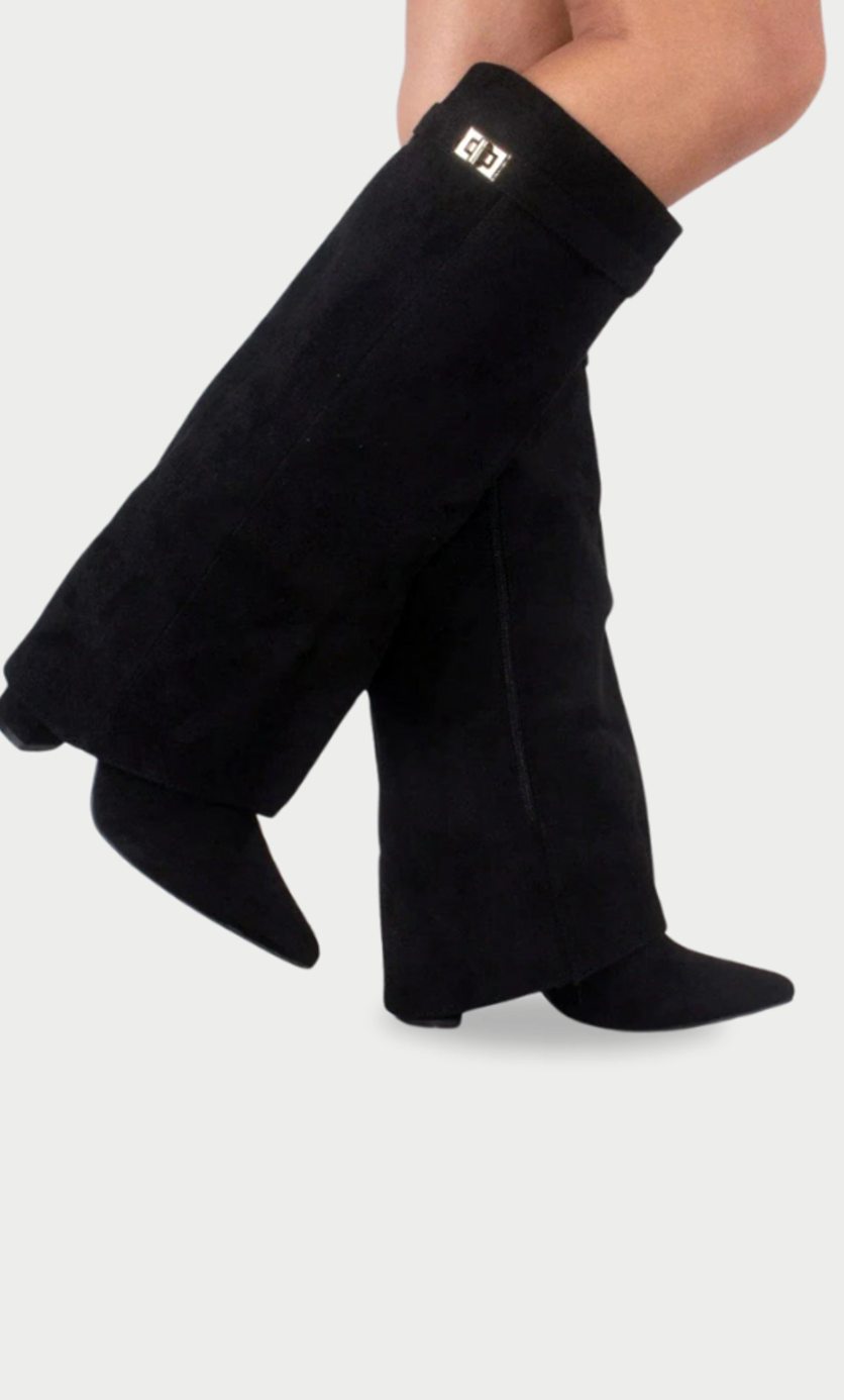 Katherine | Women's Suede Thigh-High Boots Gold Buckle Pointed Toe