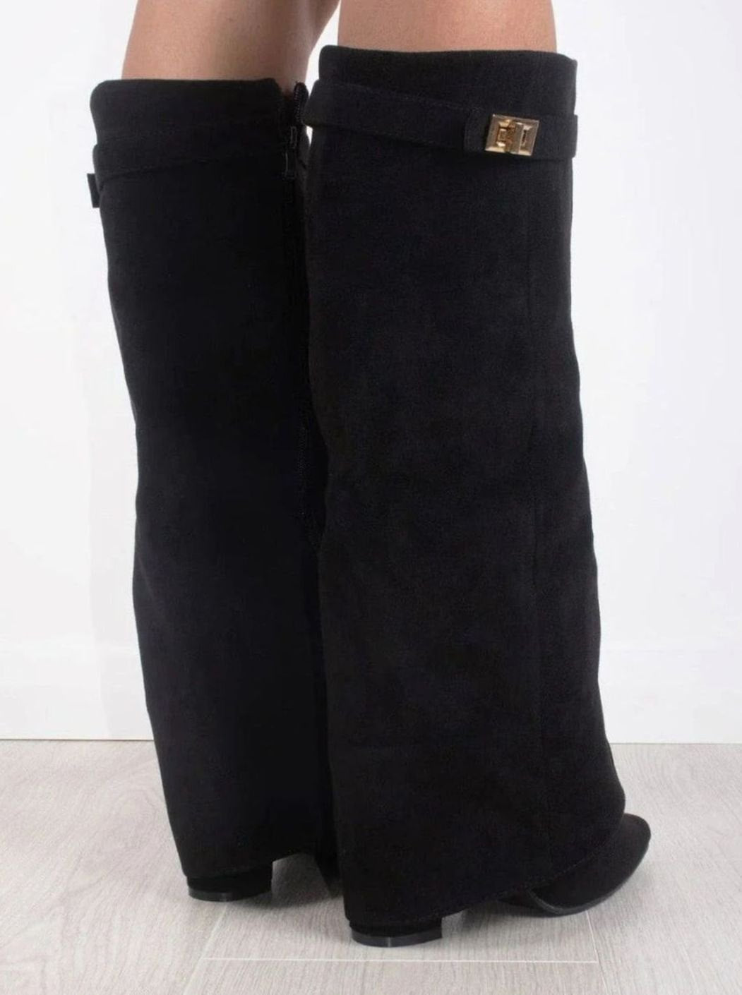Katherine | Women's Suede Thigh-High Boots Gold Buckle Pointed Toe