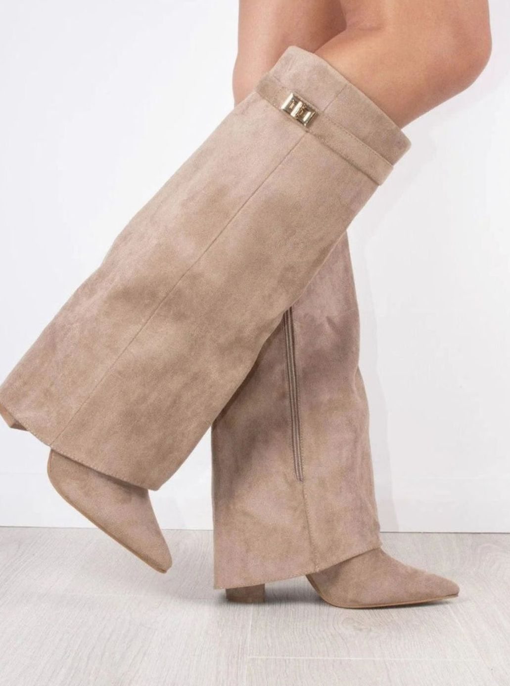 Katherine | Women's Suede Thigh-High Boots Gold Buckle Pointed Toe