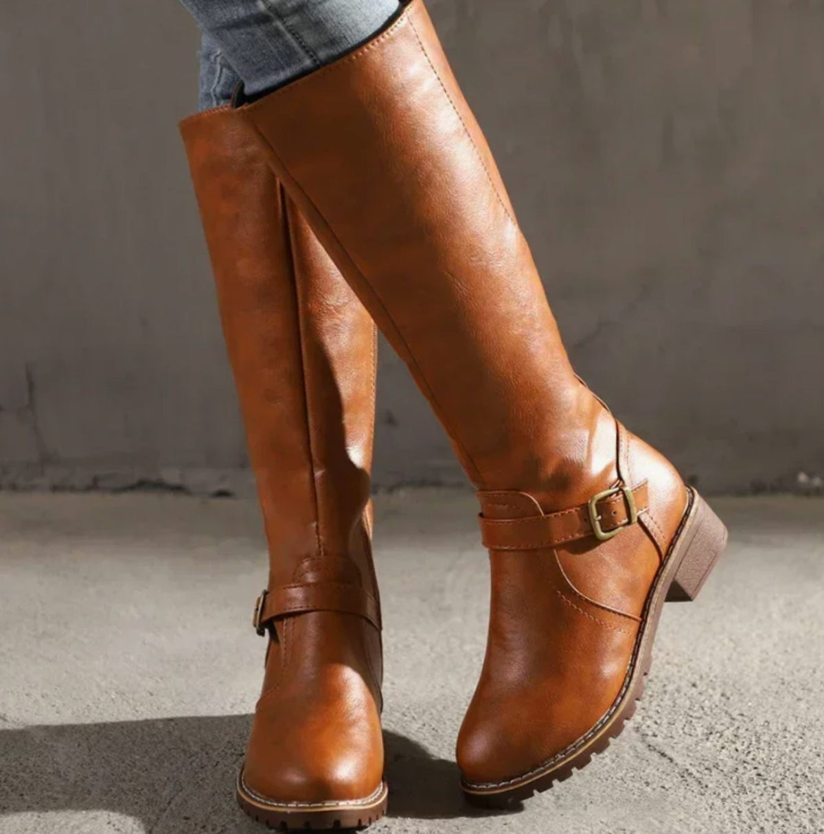 Kelsey | Women's Knee-High Buckle-Strap Block-Heel Leather Boots