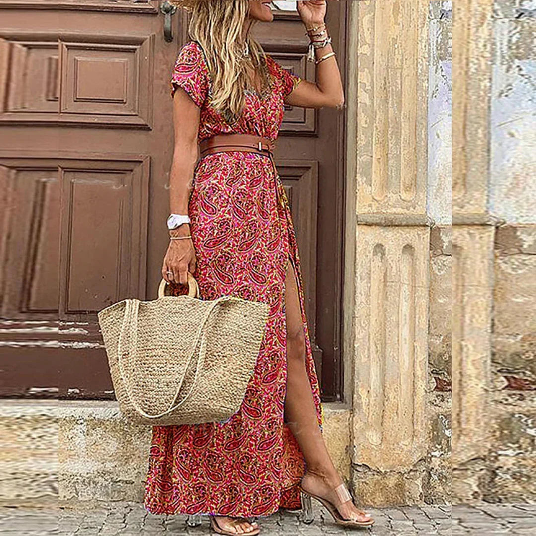 Women’s Dress | Boho V-Neck Maxi with Belt
